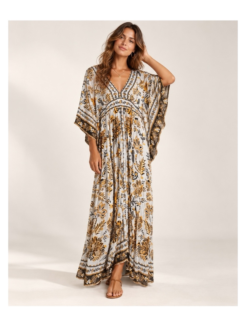 FARM Rio Bohemian Floral Kaftan Maxi Dress Cream Mustard Size S